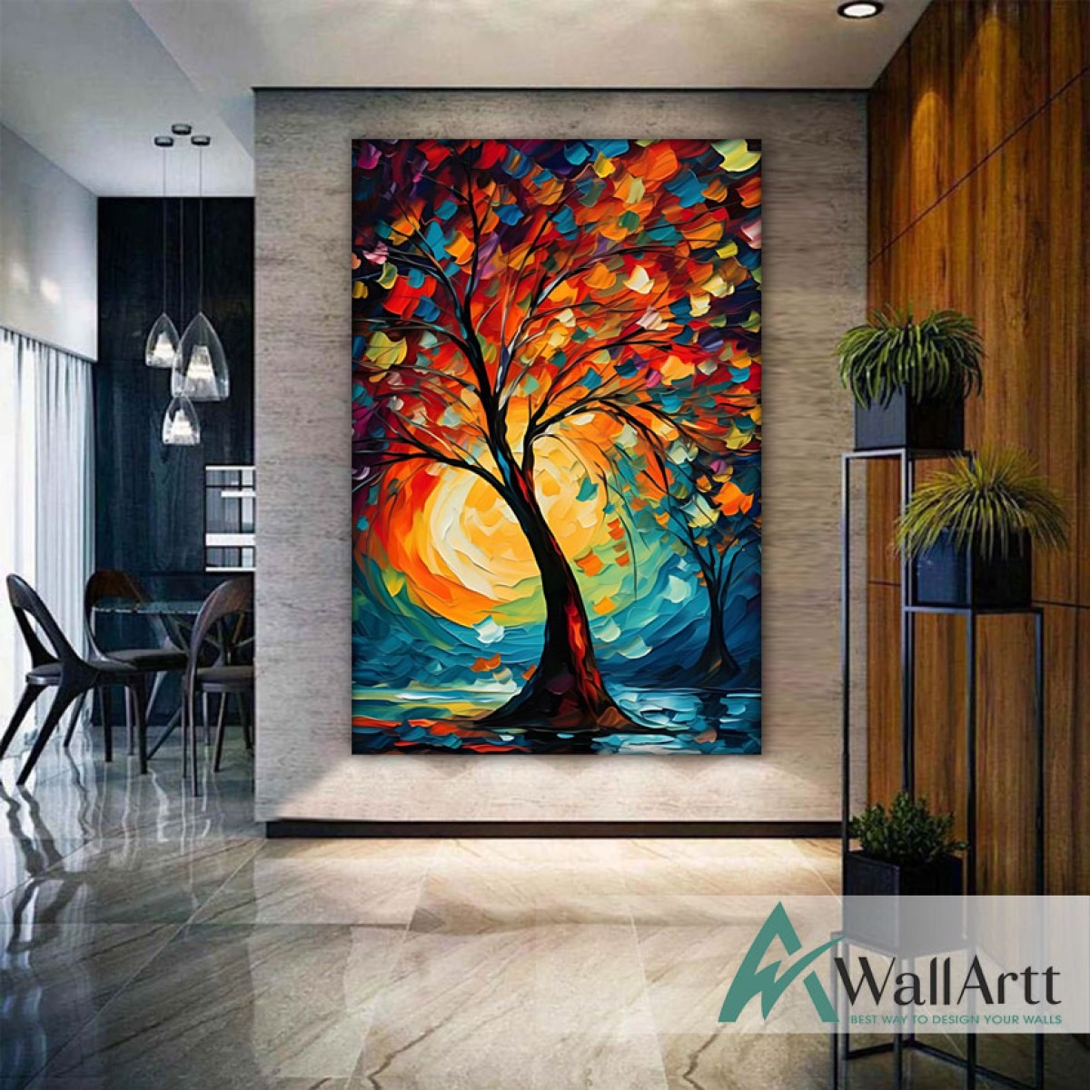 Abstract Colorful Tree at Sunset 3d Heavy Textured Partial Oil Painting